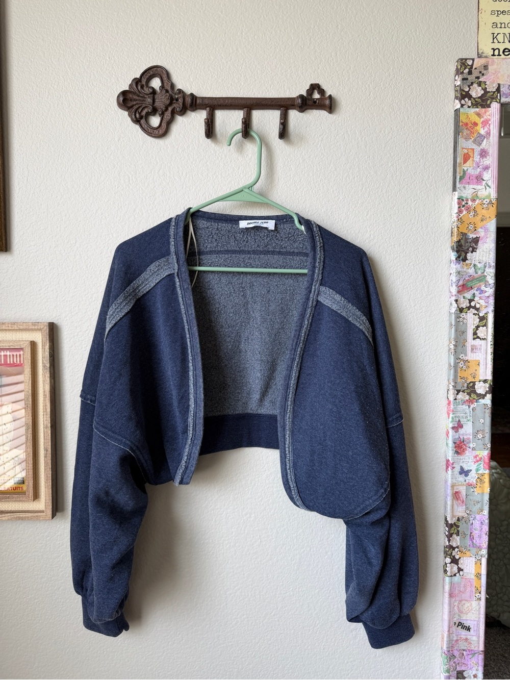 Double Zero Cropped Open-Front Navy and Heather Gray Shrug Sweater